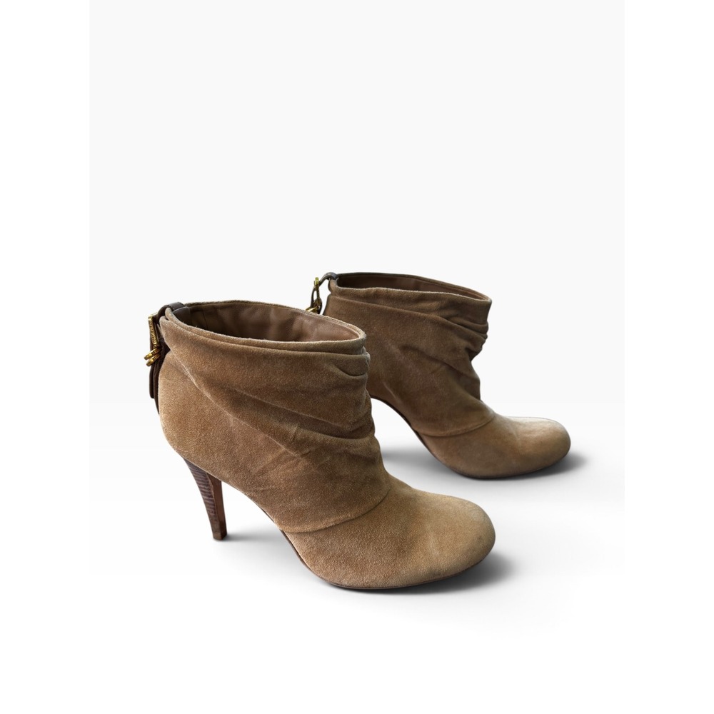 Tory Burch Suede Ankle Boots Tan Slouchy Stiletto Gold Buckle Booties